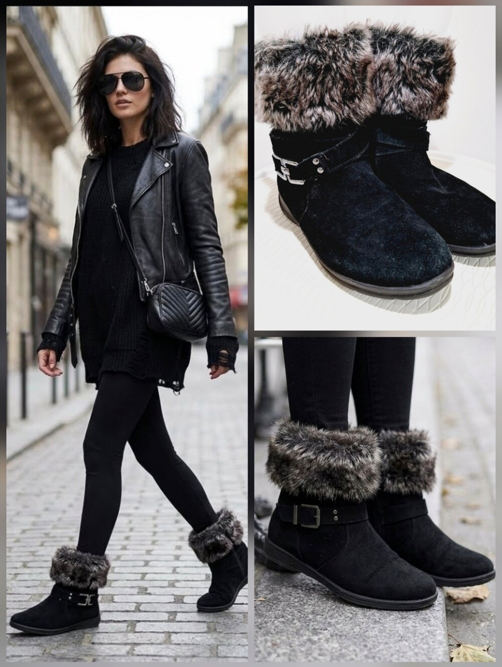 💙White Mountain black leather suede ankle boots faux fur 🤍Size 8